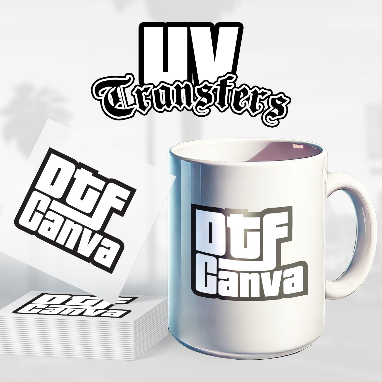 Transfer your own UV Stickers onto any hard surface products including drink ware link mugs and bottles.